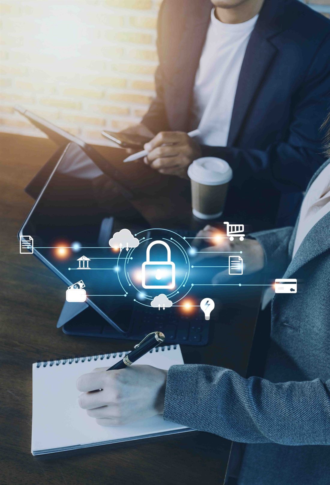 Business person using a phone with a digital lock interface