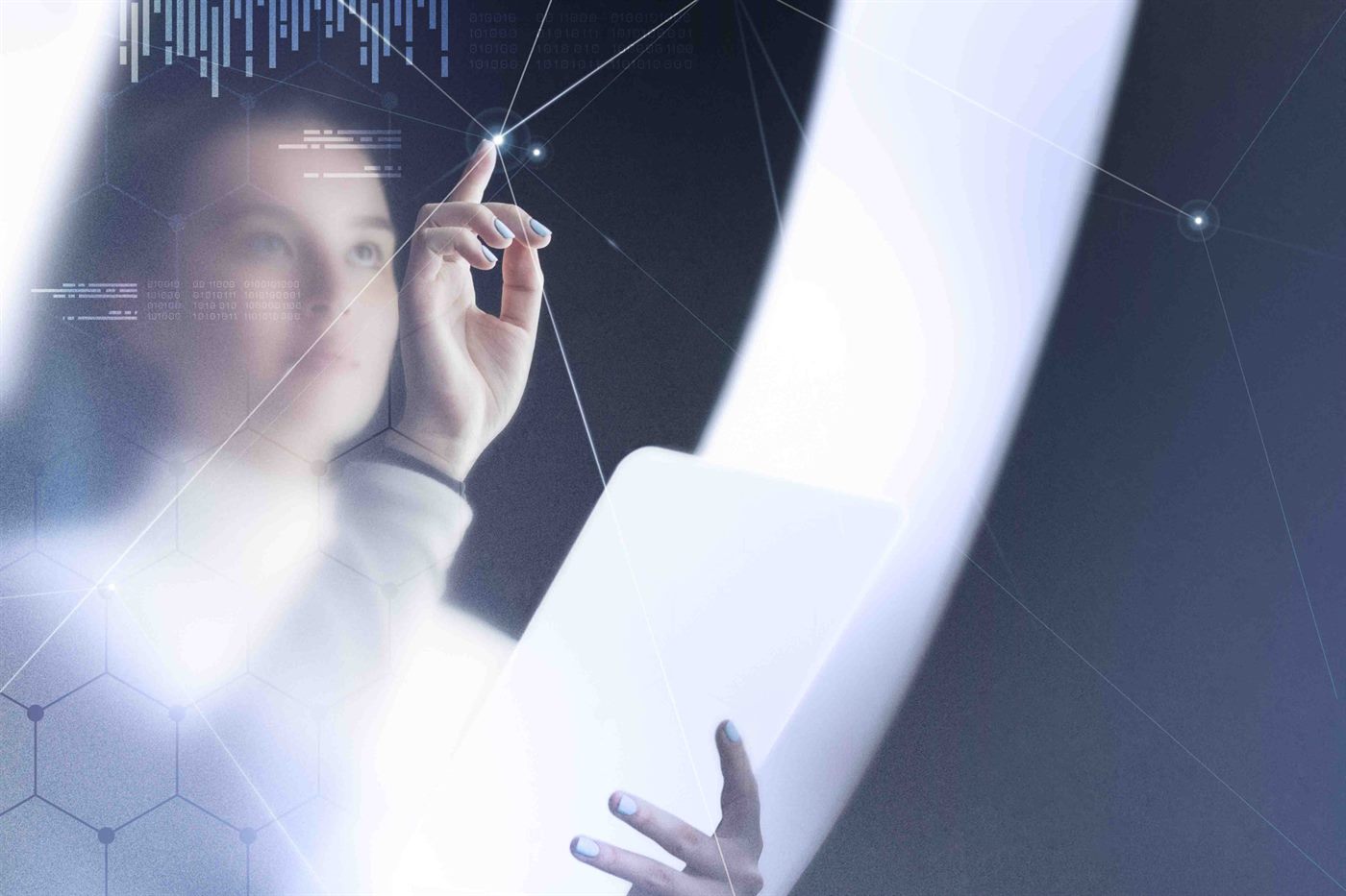 Woman using a futuristic virtual screen in a network environment