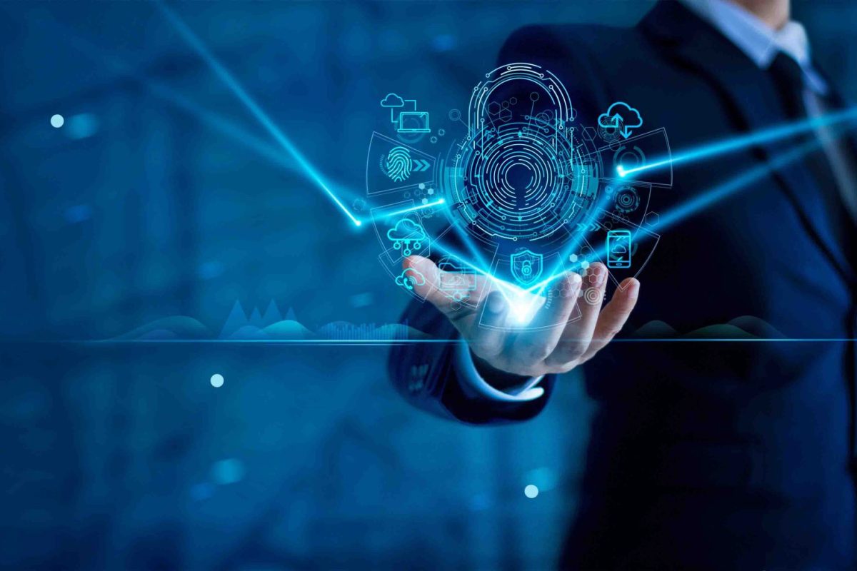 Cyber security network. Internet network security. Padlock icon and internet technology. Businessman protecting data personal information on  virtual interface. Data protection privacy concept.