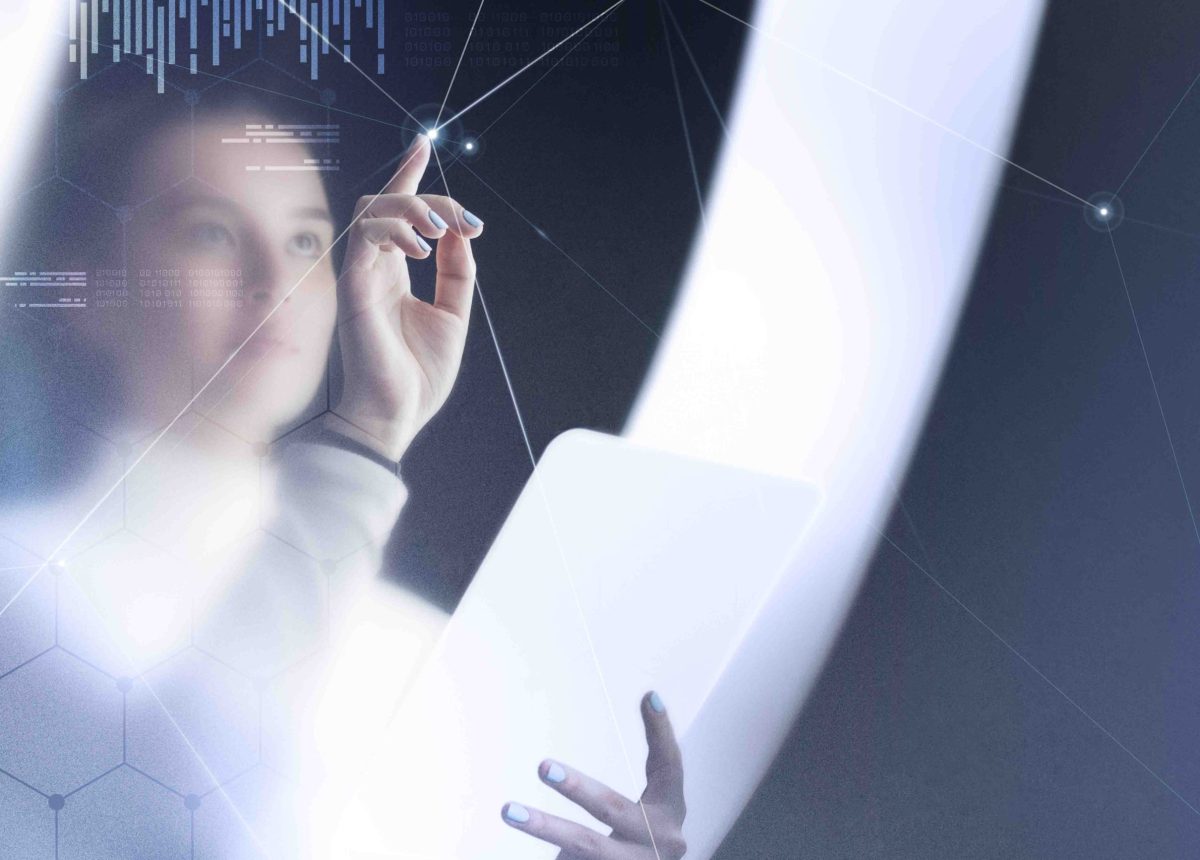 Futuristic networking technology remix with woman using virtual screen